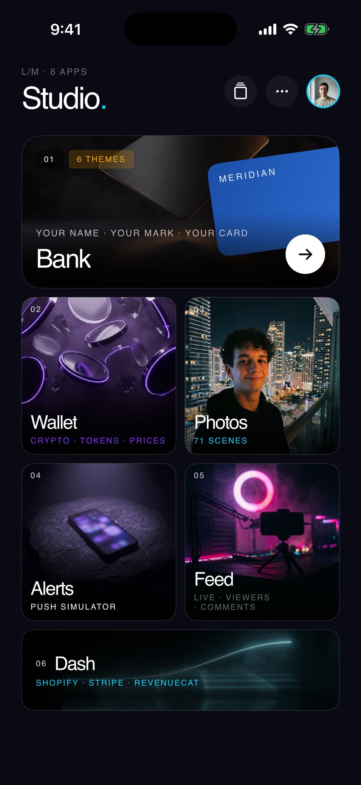 The Studio home screen with six modules: Bank, Wallet, Photos, Alerts, Feed and Dash